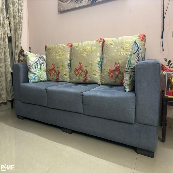 3 SEATER SOFA  6 SEATER WOODEN DINING TABLE AND ALUMINIUM FOLDABLE WALKER FOR HANDICAPPED AND OLD PEOPLE