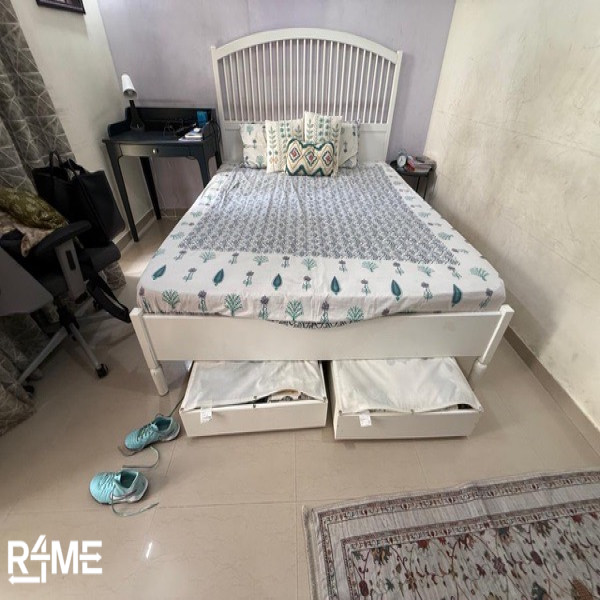 king Size pure white Ikea Bed with mattress with storage on rent
