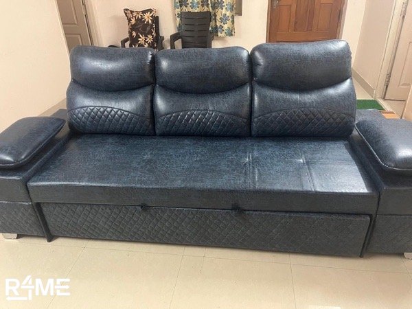 3-Seater Sofa Cum Bed  Blue Leatherette  With Storage