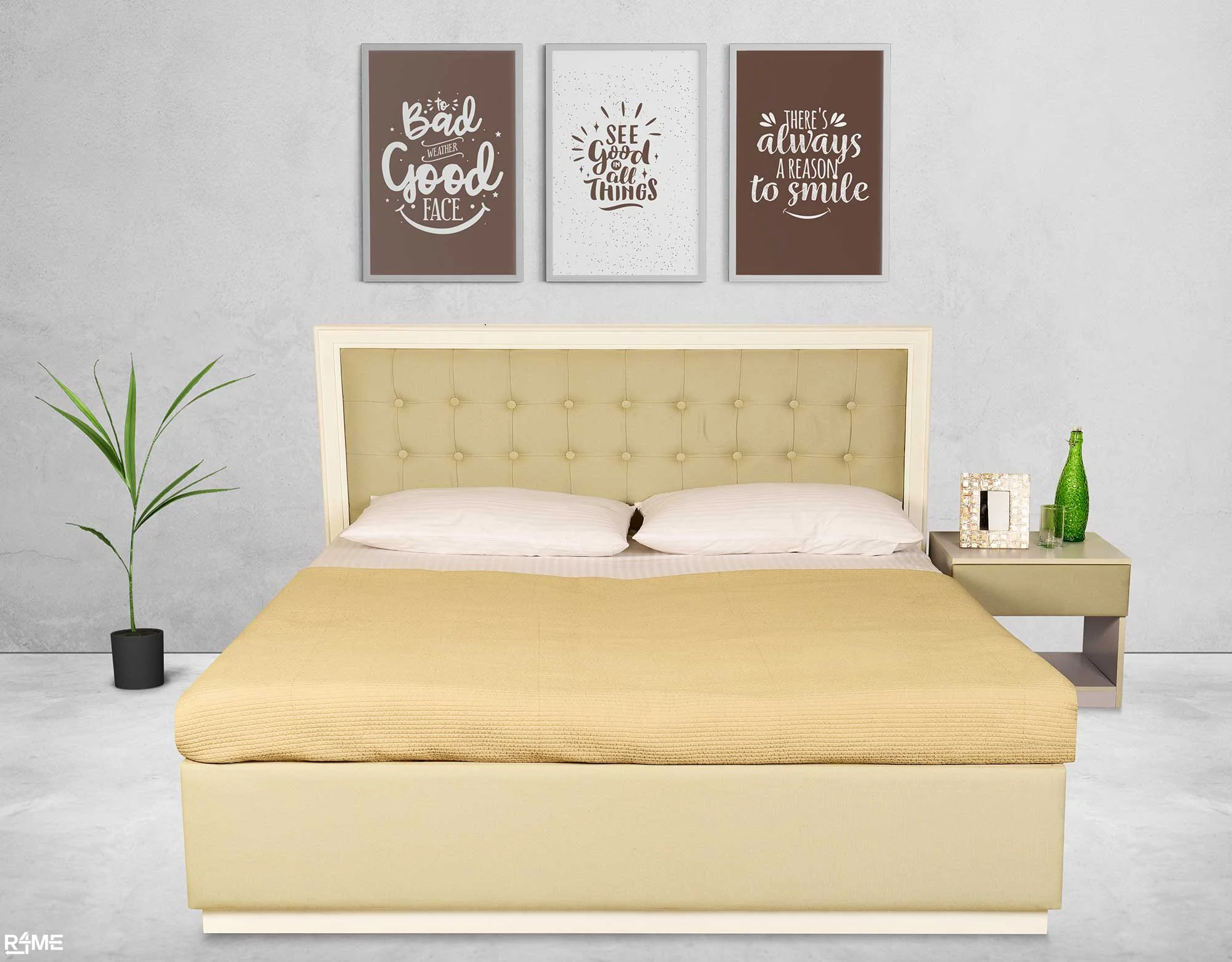 Cambric Queen Size Bed with Mattress and Side Table