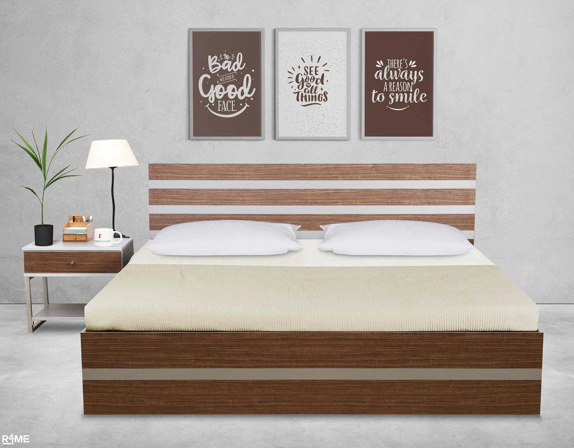 Otio King Double Bed with Mattress and Side Table on rent