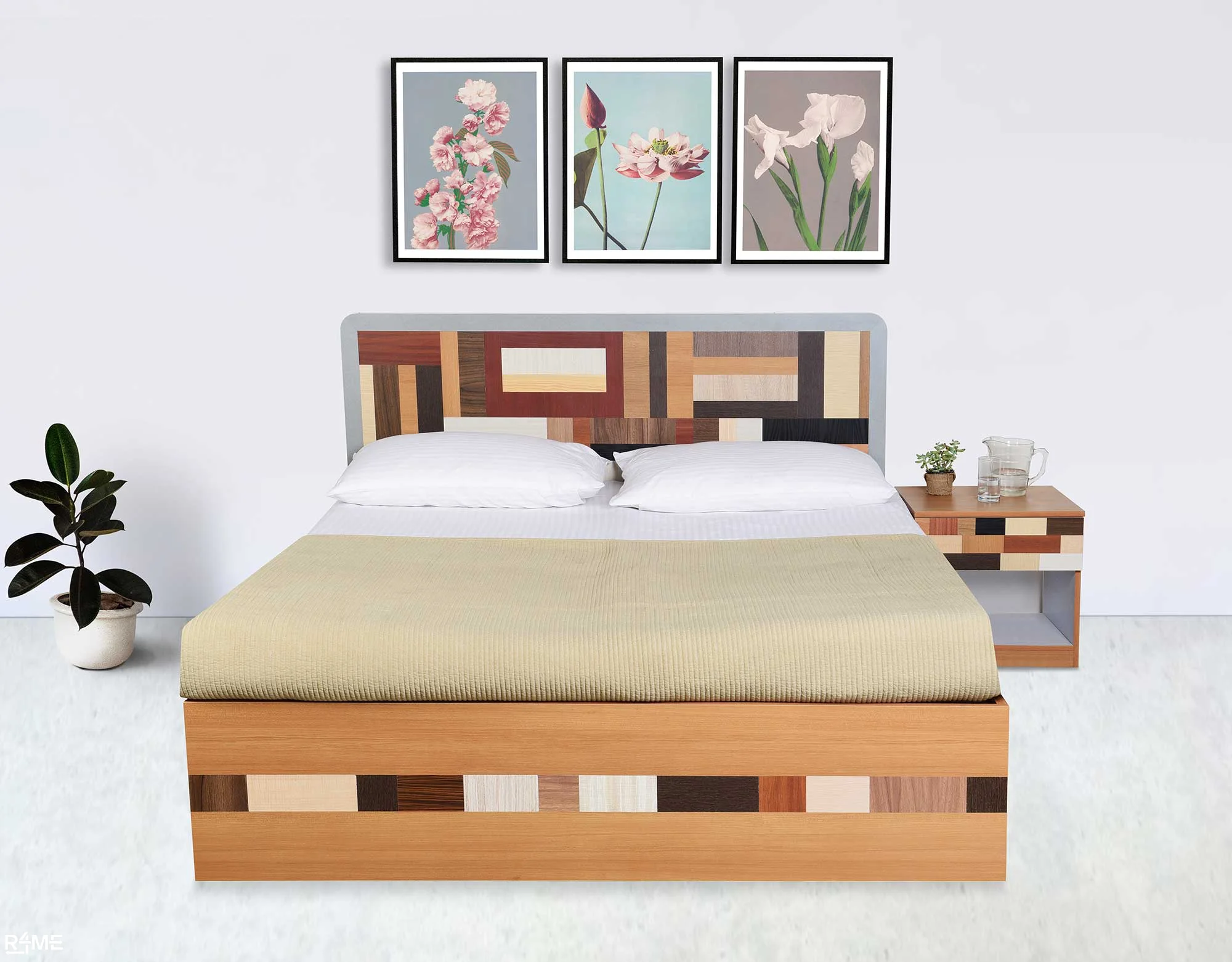Remix King Bed with Mattress and Side Table on rent
