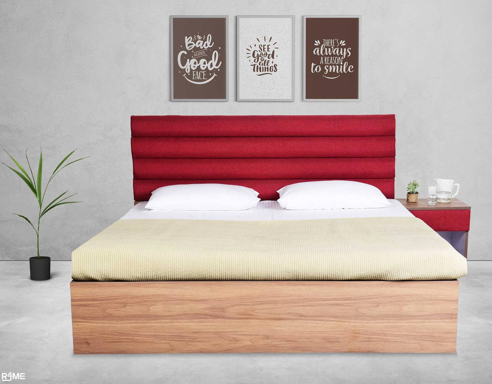 Scarlet Waves King Size Bed with Mattress and Side Table on rent