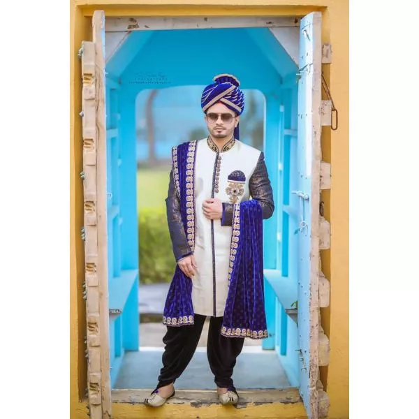 Indigo Blue & Beige Sherwani with Patiala on rent
