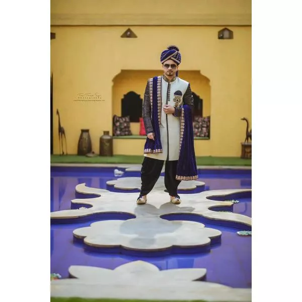Indigo Blue & Beige Sherwani with Patiala on rent