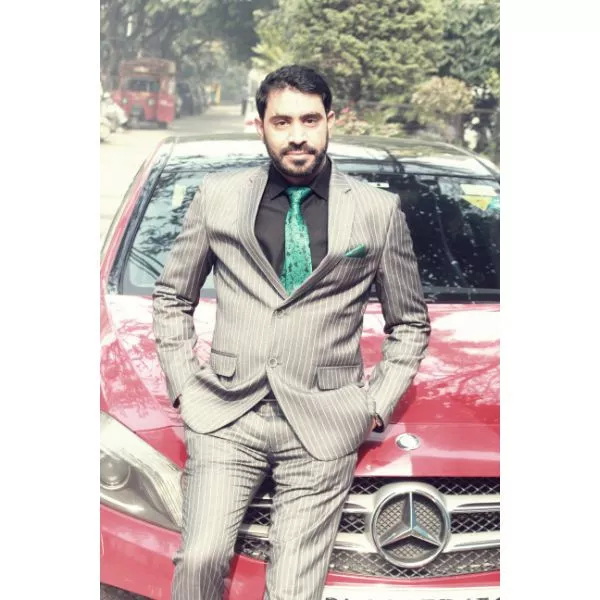 Grey Striped Partywear Suit on rent