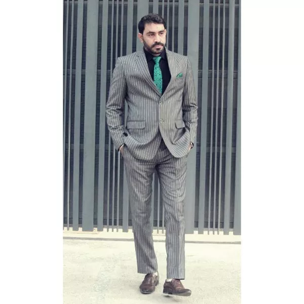 Grey Striped Partywear Suit on rent