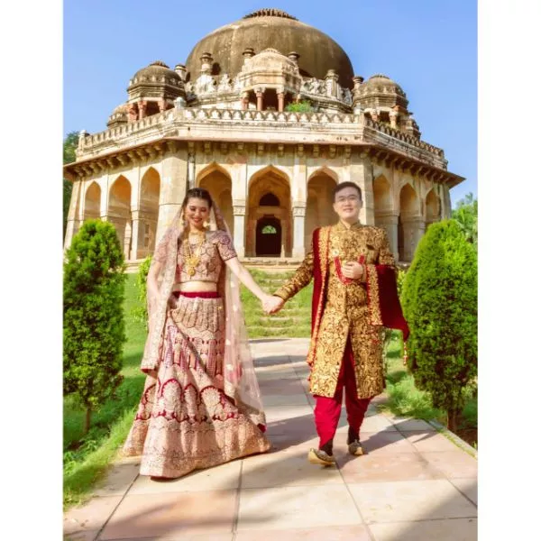 Combo - Red Golden Heavy Sherwani & Pink Bridal Lehenga Set on rent