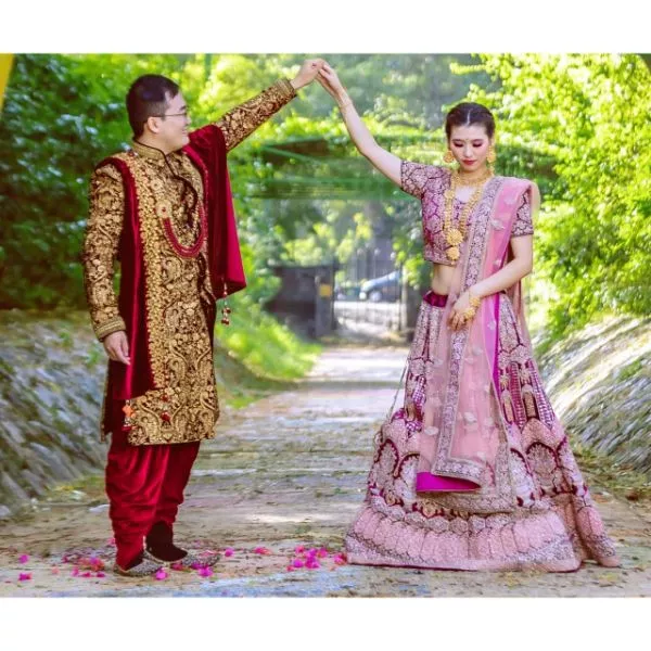 Combo - Red Golden Heavy Sherwani & Pink Bridal Lehenga Set on rent
