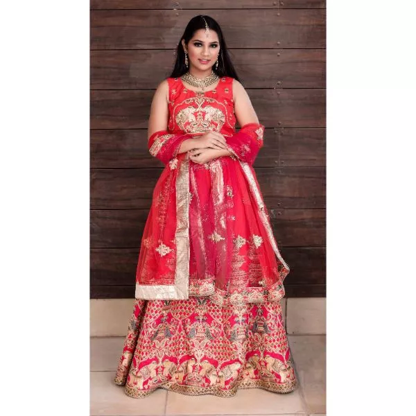 Red & Golden Lehenga on rent