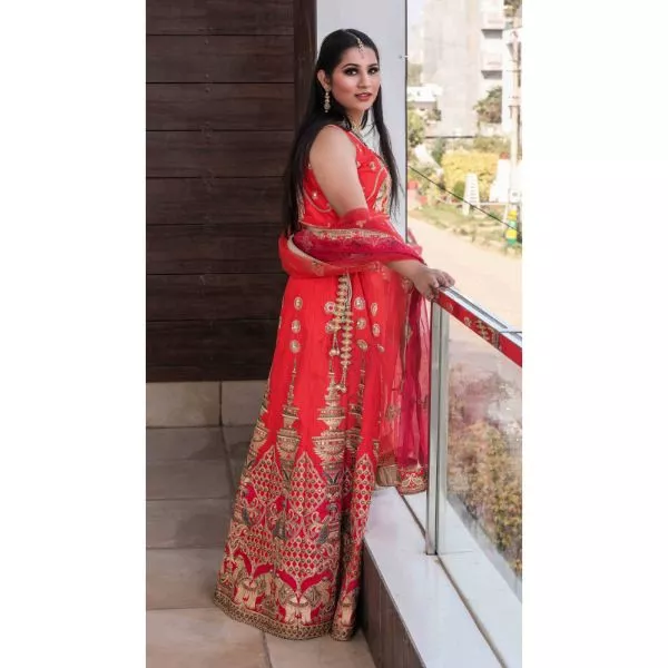 Red & Golden Lehenga on rent