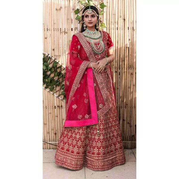 Red & golden Bridal Lehenga on rent