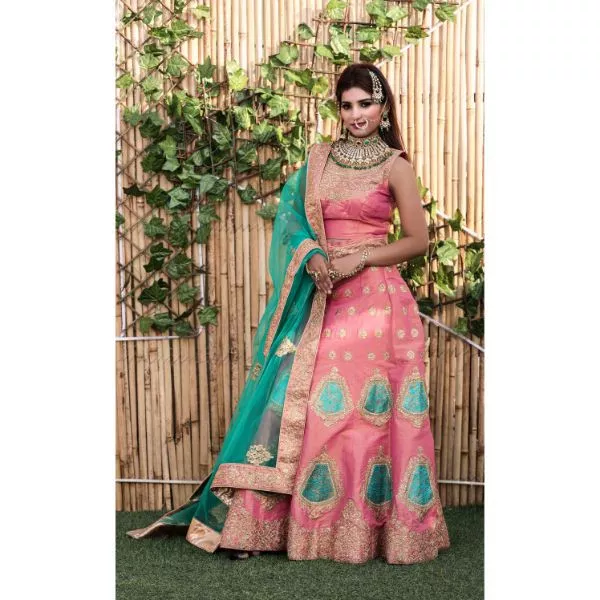 Pink & Green Partywear Lehenga Set on rent
