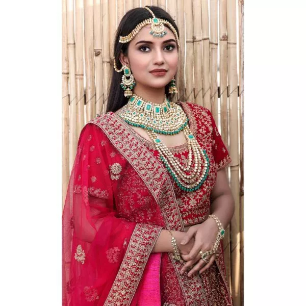 Pink & Golden Bridal Lehenga Set on rent