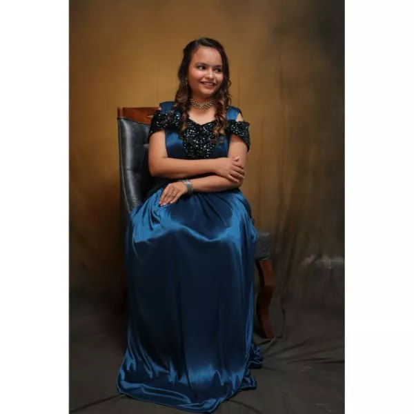 "Sparkling Sapphire: Blue Sequined Gown for Party Rental"
 on rent