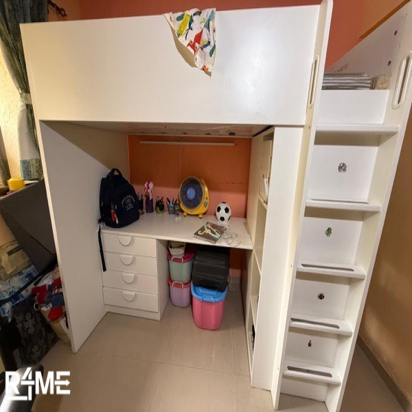 white and green ikea bunk bed with attached study table and drawers on rent