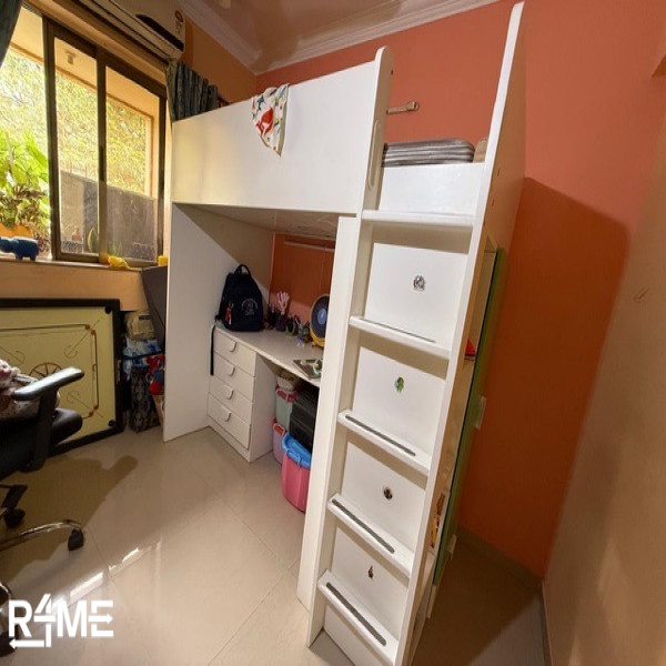 white and green ikea bunk bed with attached study table and drawers on rent