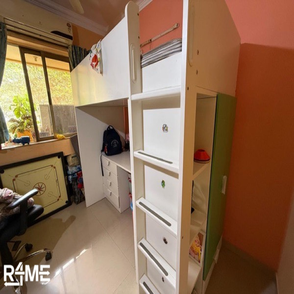 white and green ikea bunk bed with attached study table and drawers on rent